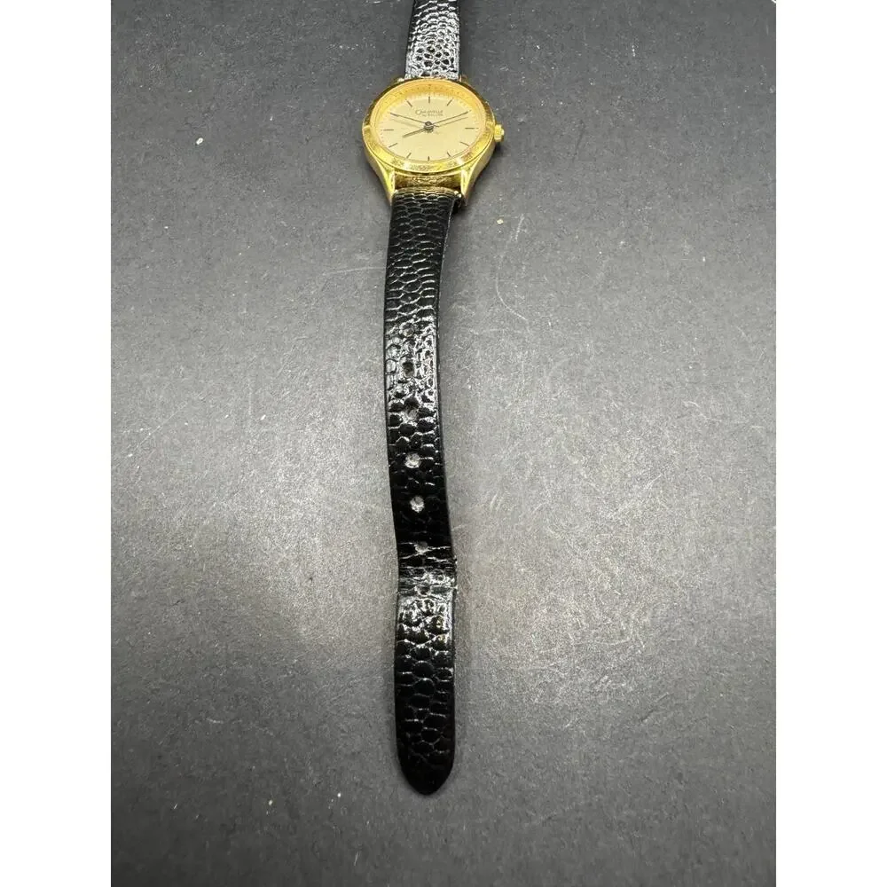Caravelle by Bulova 48J83 Gold Tone Genuine Black Leather Strap Watch WR